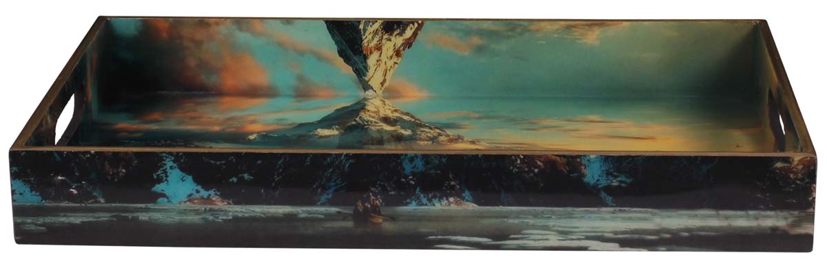 Buy in Bulk Wholesale Serving Tray in MDF - 14” Hand-Crafted Sky and Brown Color - Decorative Tray with High Mountains Enamelled Art - Classic Serve-Ware/Decor/Gifts from India